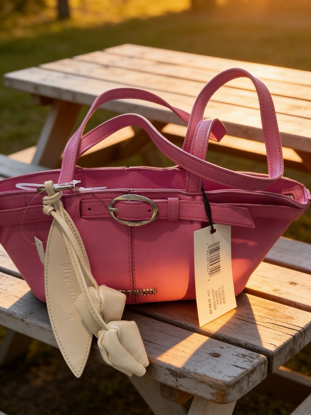 Steve Madden Pink Leather Shoulder Bag with Cream Charm retail 108.00